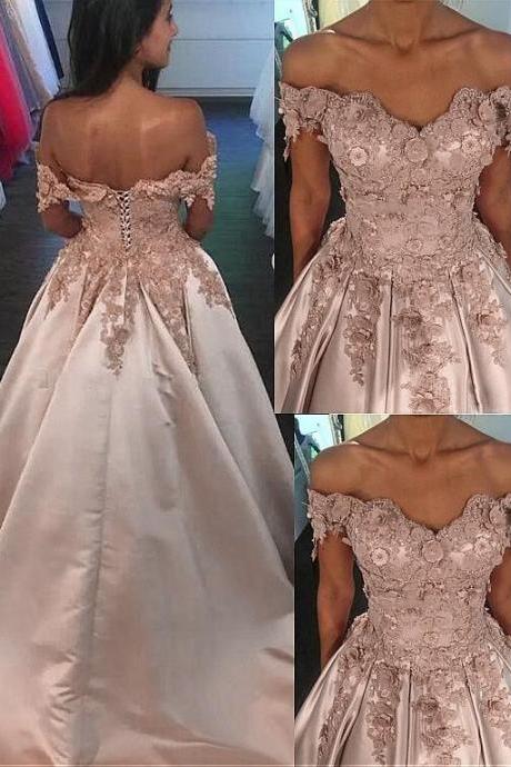 Fantastic Satin Off-the-shoulder Neckline A-line Prom Dress With Lace Appliques M7277