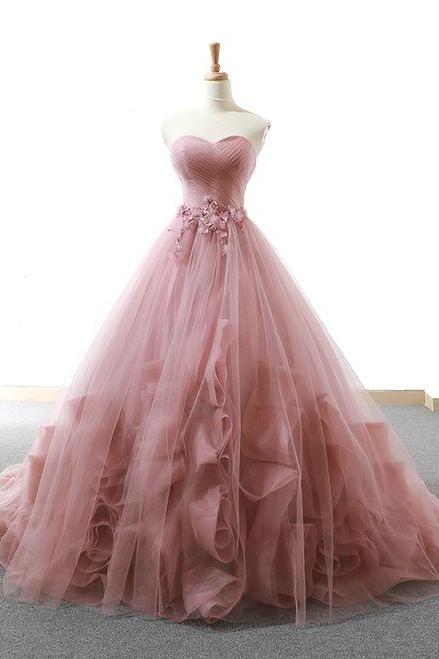 Pink Ball Gown Sweetheart Neck Tulle Appliques Wedding Dress M7280