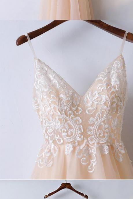 Champagne Lace Long Prom Dress With Spaghetti Straps M7286