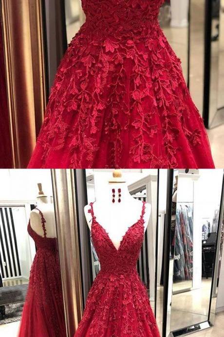 Burgundy V Neck Tulle Lace Long Prom Dress, Burgundy Evening Dress M7290