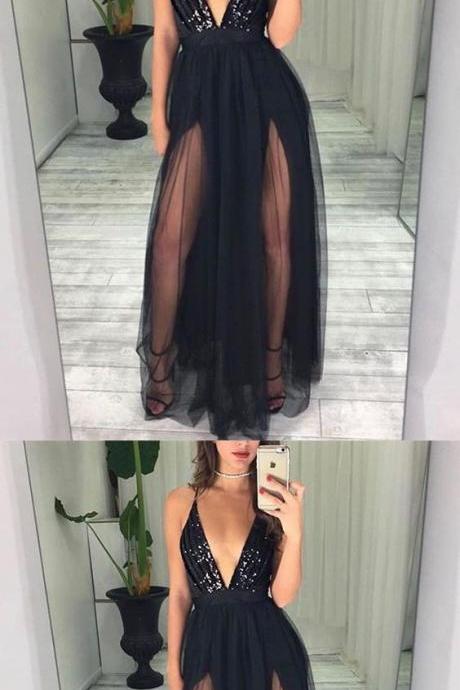 Sexy Black Spaghetti Straps Deep V Neck With Beading Prom Dress M7302