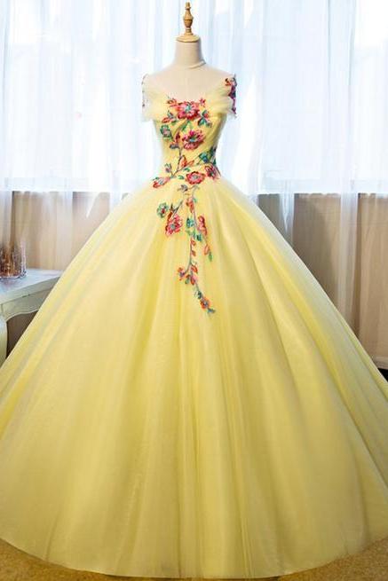 A-line Evening Dress With Flower Applique ,elegant Tulle Long Prom Dress, Off Shoulder Evening Dress, Long Evening Gown M7311