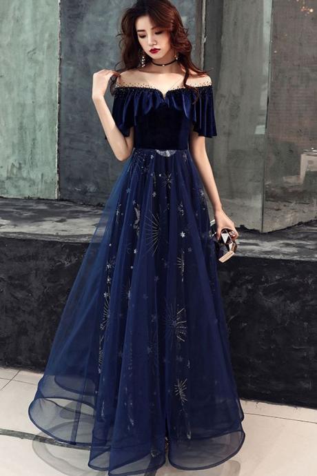 Dark Blue Tulle Lace Long Prom Dress, Blue Evening Dress M7315