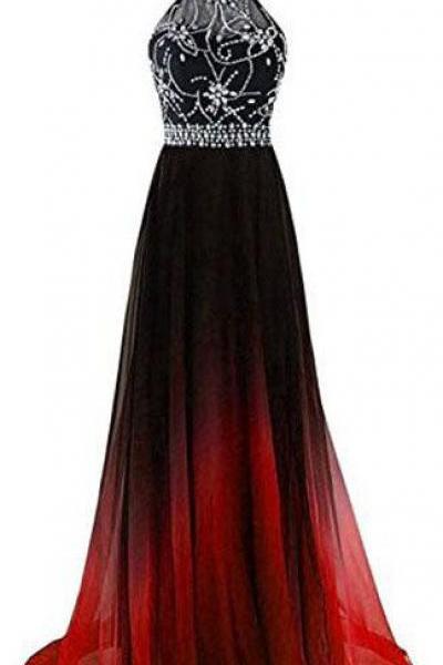 A-line Halter Gradient Chiffon Long Prom Dress Ombre Beads Evening Dresses M7318