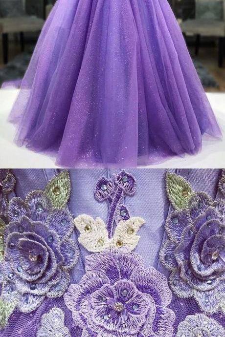 Purple sweetheart neck tulle long prom dress, evening dress M7333