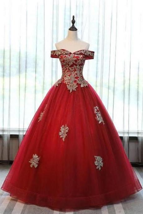 Chic Ball Gowns Off-the-shoulder Burgundy Tulle Applique Modest Long Prom Dress Evening Dress M7334