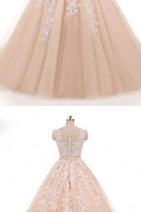 Pink Round Neck Tulle Lace Long Prom Dress, Pink Lace Evening Dress M7335