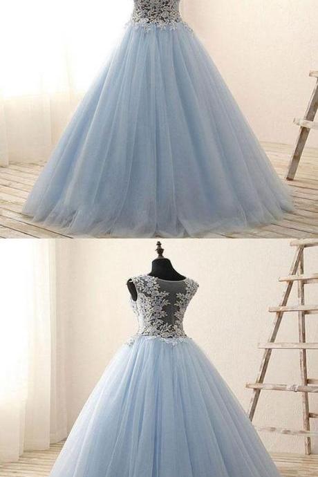 A-line Sky Blue Appliqued Tulle Sleeveless Long Prom Dresses With Beading M7344