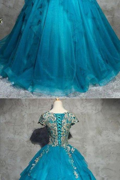 Formal Short Sleeves A-line Blue Long Prom Dress M7345