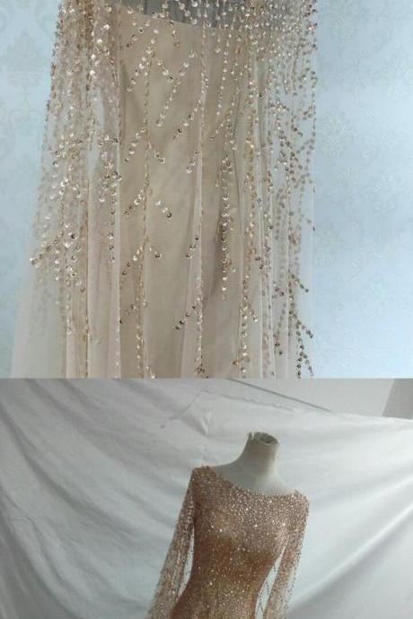 Long Sleeve Prom Dresses A Line Sweep Train Long Beading Sparkly Prom Dress M7347