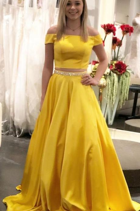 Off The Shoulder Prom Dresses, Two Piece Prom Dresses, Yellow Long Prom Dresses 2019 M7352