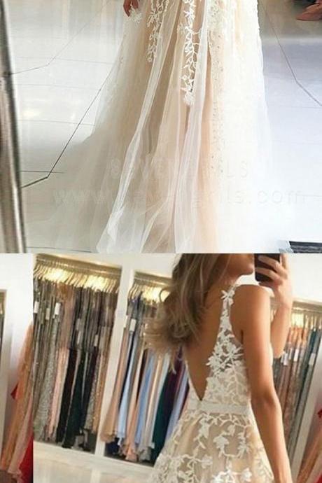 A-line V-neck Backless White Long Prom Dress With Appliques M7353