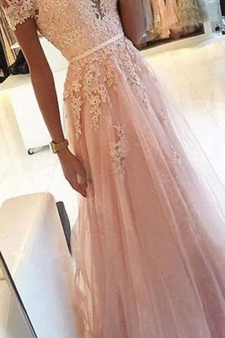 Pink Prom Dress A Line Party Dress Appliques Prom Dress With Off Shoulder Evening Dress M7364