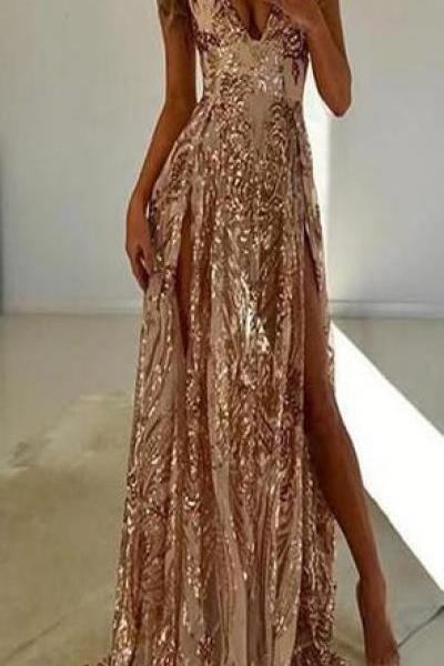 V-neck Long Sparkly Shinning Formal Sexy Prom Dresses, Party Dress, Evening Dresses M7365