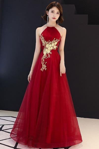 Burgundy Tulle Lace Long Prom Dress, Burgundy Tulle Evening Dress M7391
