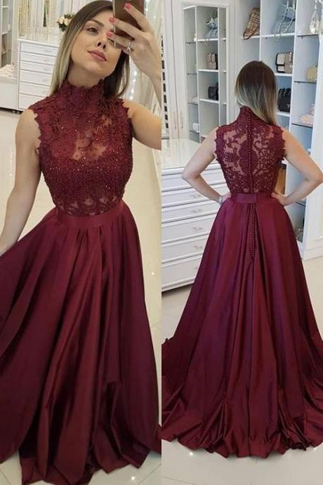 formal burgundy lace evening dresses, modest high neck long prom dresses, fashion a line prom dresses with beading M7394
