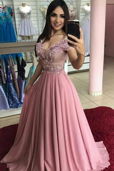 Chic Cap Sleeves V Neck Blush Pink Lace Pearls Long Formal Prom Dresses Evening Dress M7395