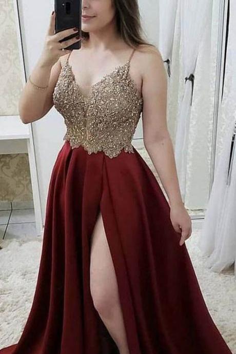 Strap A Line Maroon Long Beaded Prom Dresses With Split And Gold Lace M7396