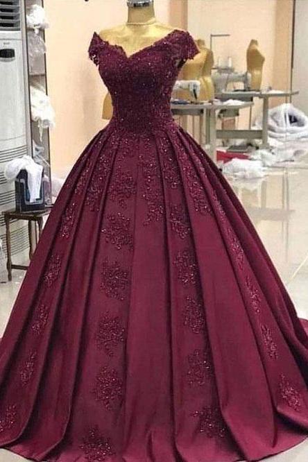 Burgundy Satin V Neck Off Shoulder Long Prom Dress With Applique, Long Evening Dress M7399