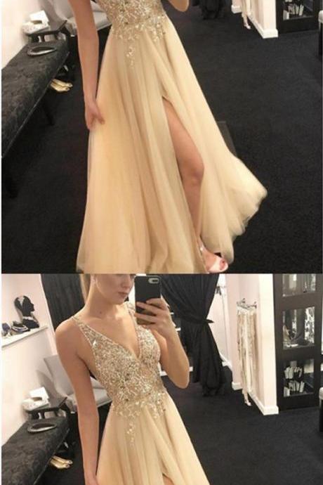 Plunging Neckline Champagne Split Prom Dresses, Hottest Long Prom Party Dresses For Teens M7402