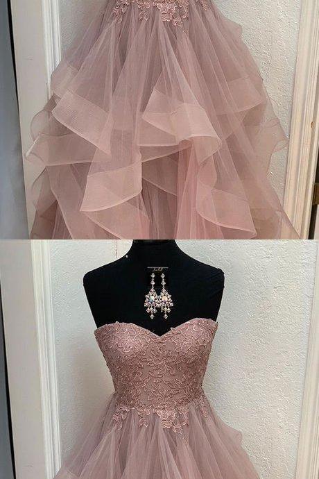 Unique sweetheart lace tulle long prom dress, evening dress M7406