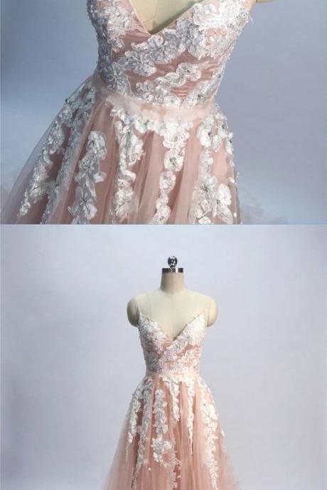 Charming Appliques Tulle Evening Dress, Vintage Spaghetti Straps Champagne Long Prom Dress M7416