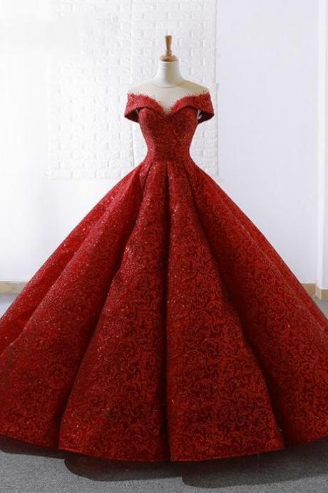 Red Lace Ball Gown See Through Neck Cap Sleeve Wedding Dress M7440