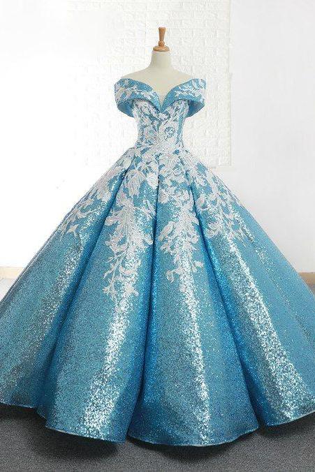 Blue Ball Gown Sequins Off The Shoulder Appliques Wedding Dress M7446
