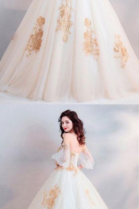 Classic Gold With White Ball Gown Princess Wedding Dress Off Shoulder M7447