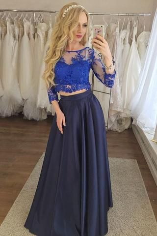 Two Piece Navy Blue Prom Dress With Lace, Prom Dress With Sleeves M7460