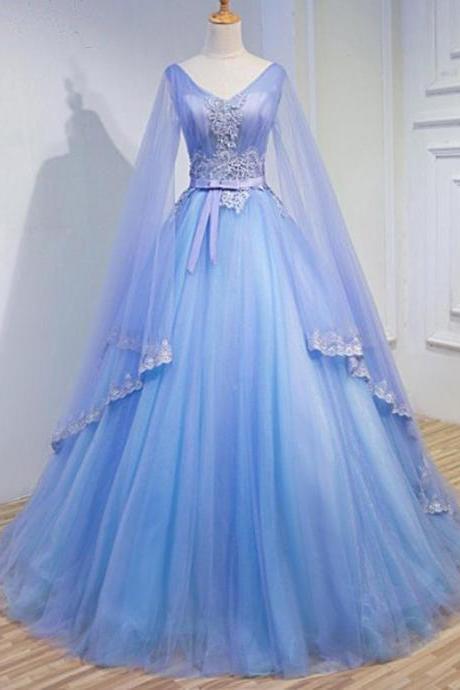 Light Blue Tulle V Neck Long Sleeve Lace Applique Prom Dress For Teen M7464