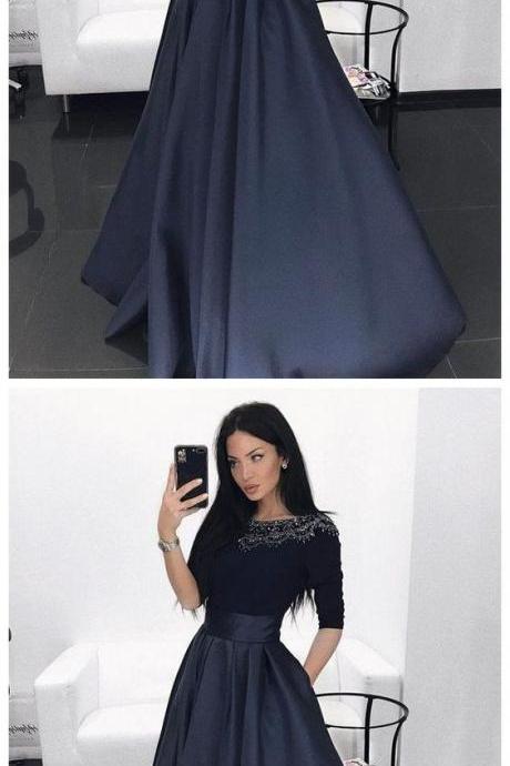 Prom Dress, Elegant Navy Prom Party Dresses With Half Sleeves Beaded, Fashion Ball Gowns For Evening Party M7465