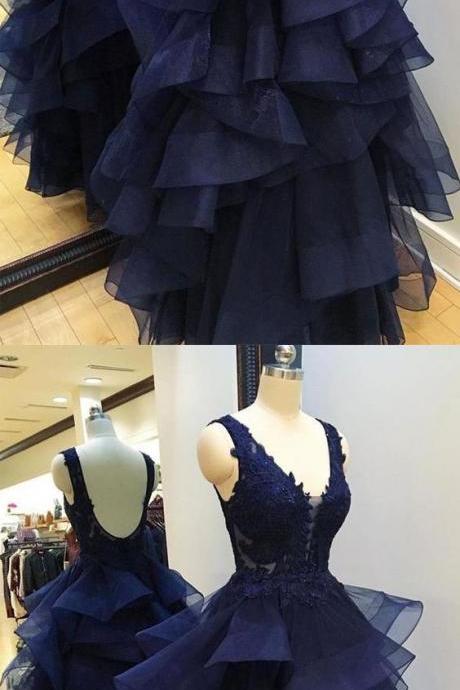 Hi-lo Tiered Skirt V Neck Navy Blue Backless Prom Dresses Evening Gowns Dress M7467