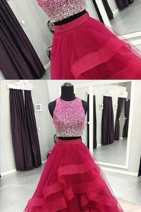 Pink Tulle Two Piece Sequins Long Homecoming Dress, Long Halter Party Dress For Teens M7469