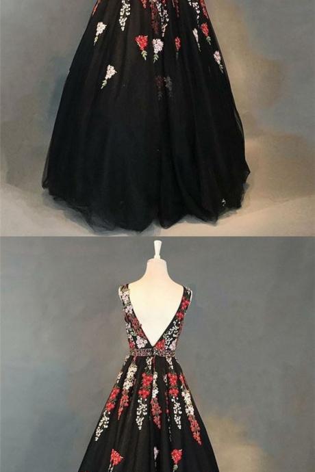 A-line Deep V-neck Floor-length Backless Black Satin Prom Dress With Appliques M7492