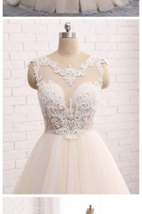 Custom Made Round Neck Lace Tulle Long Prom Gown, Wedding Dress M7494