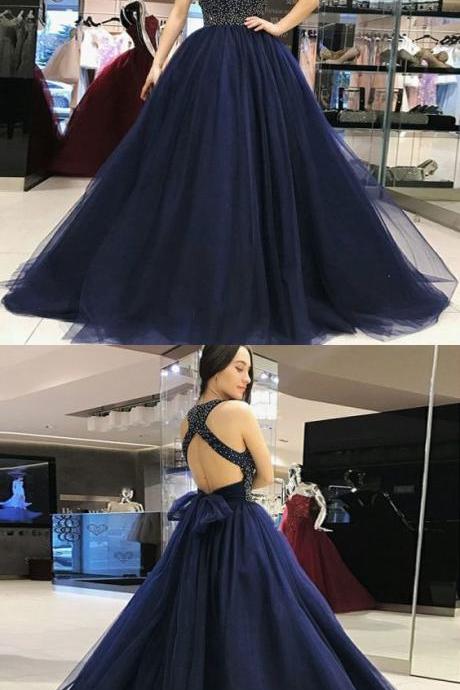 A-line Round Neck Floor-length Open Back Navy Blue Tulle Prom Dress With Beading M7502
