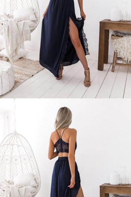 Charming A Line V Neck Spaghetti Straps Two Piece Split Chiffon Navy Lace Long Prom Dresses, Simple Evening Party Dresses M7503