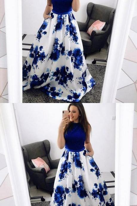 A-line Jewel Blue Floral Long Prom Dress With Pockets M7505