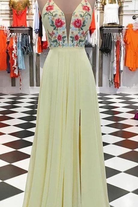 Beautiful Custom Made Yellow Long Prom Dress With Floral Embroidery M7511
