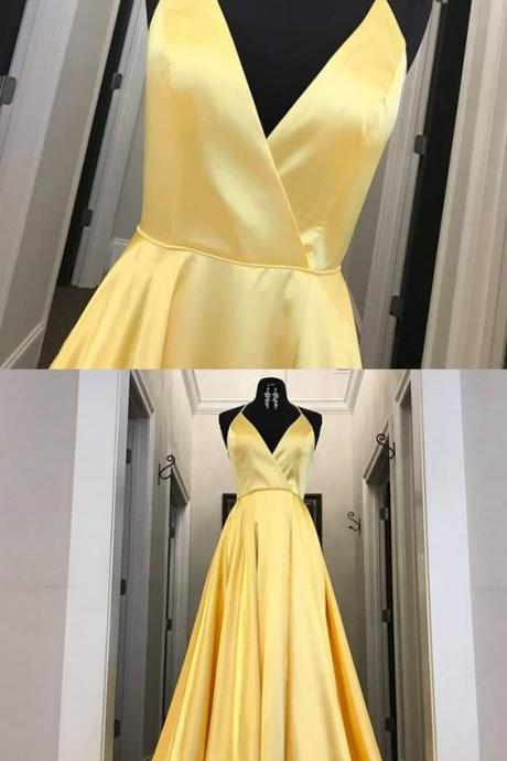 Simple Yellow Long Prom Dress With Halter Neckline, 2019 Prom Dresses M7512