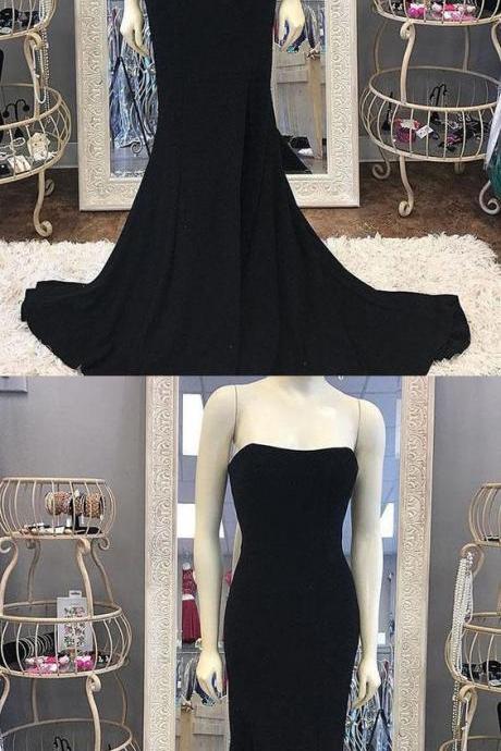 Black Mermaid Prom Dresses Simple Strapless Chiffon Mermaid Sweep Train Black Prom/evening Dress M7518