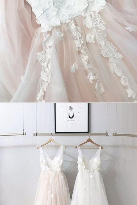 Blush Pink Tulle Lace Long Prom Dress, Evening Dress M7526