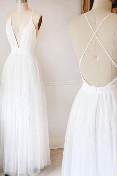 White Tulle Prom Dresses Long A-line Sleeveless Evening Dresses V Neck Formal Gowns Sexy Backless Party Pageant Dresses For Teens Girls M7533