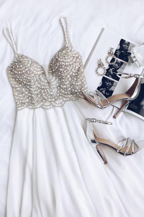 White Prom Dress, Beaded Rhinestone Maxi Dress,charming Evening Dress,v-neck Party Dress M7538