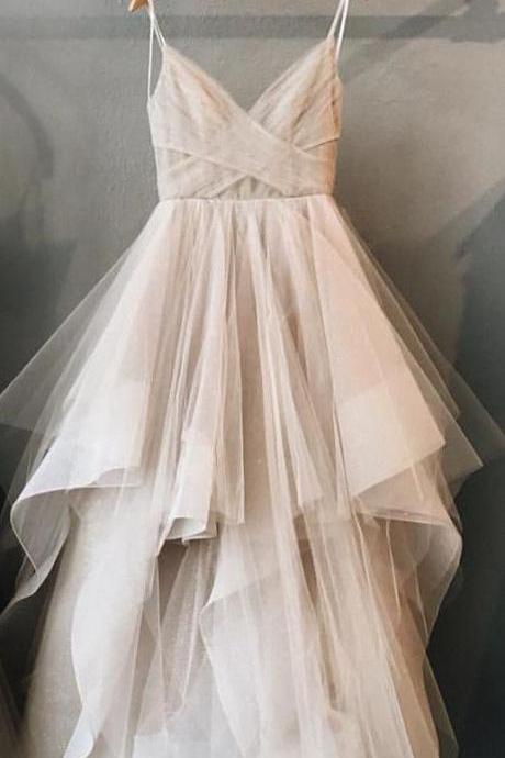Gorgeous A-line V-neck Spaghetti Straps Light Chamapgne Long Prom Dress Wedding Dress M7540