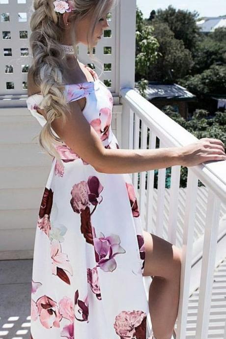 A-line Off-the-shoulder Floor-length White Printed Prom Dress With Split M7544
