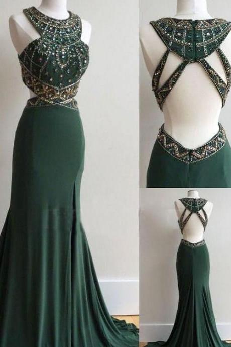 Dark Green Prom Dresses Column Scoop Rhinestone Long Prom Dresses M7551
