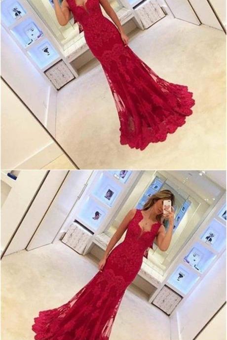 Red Lace Tulle Long Mermaid Prom Dresses, Popular Sleeveless Prom Dresses, Dresses M7553