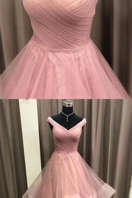 Pink V Neck Tulle Long Prom Dress, Pink Evening Dress M7559